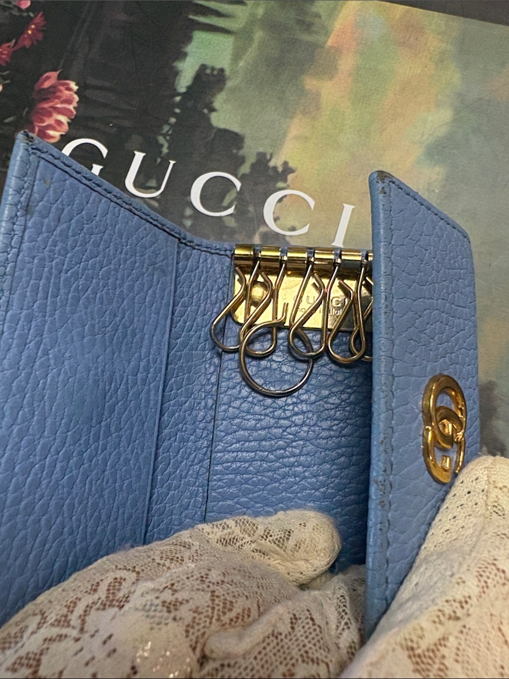 Gucci💙SkyBlue Pebbled Leather Key-holder Wallet W/Double G Gold -GUC - Picture 3 of 12